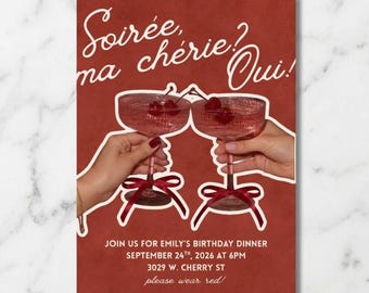 Cherry Coquette Birthday Dinner Party Invitation, Mon Cheri Cocktail Editable Canva Template,  Digital Download