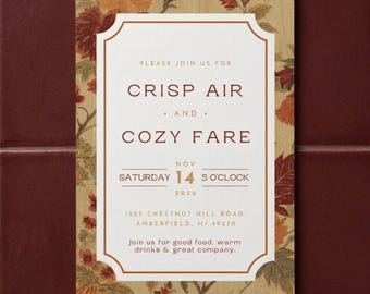 Crisp Air & Cozy Fare Friendsgiving | Fall Dinner Party Invitation Template | Editable Canva Invite