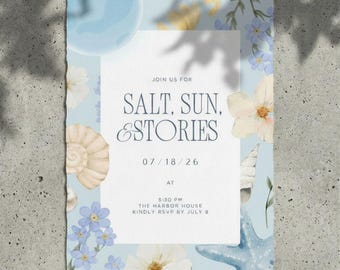 Beach Dinner Party Invitation, Coastal Grandmother Blue & White Editable Canva Templates (Instant Download)