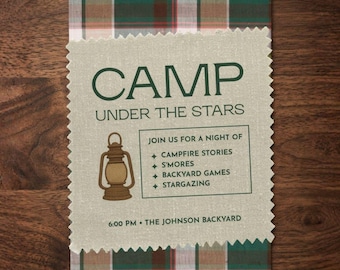 Outdoor Camping Party Invitation, Rustic Flannel Editable Canva Templates (Instant Download)