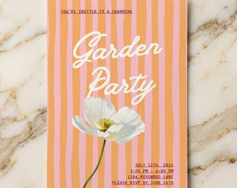 Garden Party Invitation, Pink and Orange Floral Editable Canva Templates (Instant Download)