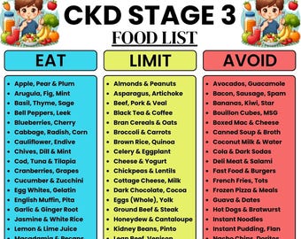 CKD Stage 3 Food List Printable, Kidney Disease Diet Chart, Renal Diet Meal Planner, Eat Limit Avoid Food Guide, Instant Download PDF