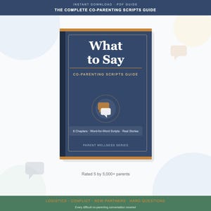 May include: A digital guide titled "What to Say" with the subtitle "Co-Parenting Scripts Guide." The cover is navy blue with white text and an orange and white speech bubble icon. The guide is part of the "Parent Wellness Series."