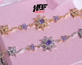 Vergoldete Sonnenblumenarmband, lila Zirkonia, Artificer Handgeschmiedeter Messingschmuck