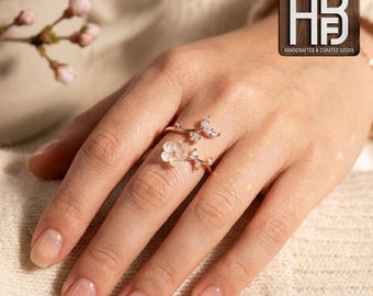 Sterlingzilveren Sakura-bloemring, verstelbare kersenbloesemsieraden, delicate bloemenbelofte, natuurliefhebber verjaardagscadeau voor haar