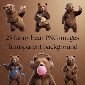 Images clipart d'ours brun amusant | Personnage CGI : 25 fichiers PNG avec fond transparent | Poses et actions animées | Téléchargement numérique