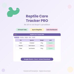 Reptile Care Tracker | 12-in-1 Google Sheets and Excel | Multi-Pet Dashboard, Feeding Weight Shed Vet & Breeding Log