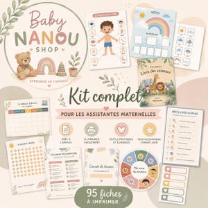 Peut inclure: Un ensemble de fiches pédagogiques imprimables pour assistantes maternelles, incluant des tableaux sur le corps, la météo, l'hygiène, les émotions et le quotidien, illustrés avec des motifs doux d'animaux et d'arcs-en-ciel.