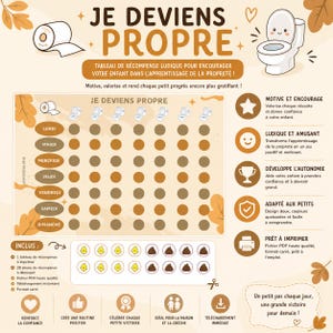 以下が含まれることがあります： JE DEVIENS PROPREというテキスト、曜日ごとのグリッド、円が並んだトイレトレーニング用の報酬チャート。トイレとトイレットペーパーのイラストが描かれており、茶色とベージュの秋の葉のアクセントが施されています。