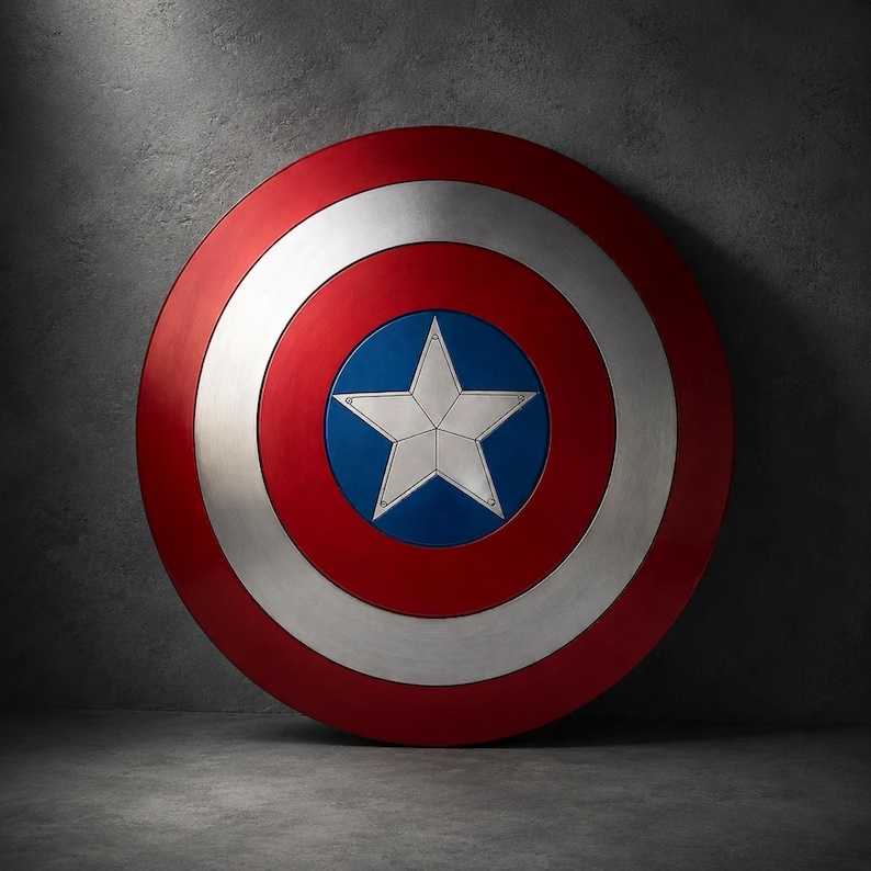 May include: A circular shield featuring a concentric design with a red outer ring, a silver middle ring, and a central blue circle containing a large, five-pointed silver star. The surface has a metallic finish with visible light reflections.