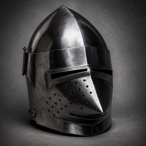 Puede incluir: Un yelmo de caballero de acero pulido con una corona puntiaguda, una ranura horizontal para los ojos y una sección de visera prominente con una serie de pequeños orificios de ventilación circulares en el lado derecho, fijado con una bisagra.