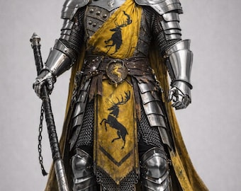 May include: A full suit of silver armor with a yellow and black banner featuring a stag emblem. The helmet is adorned with golden antlers. The knight holds a large, spiked hammer. The armor is detailed with chainmail and leather accents.