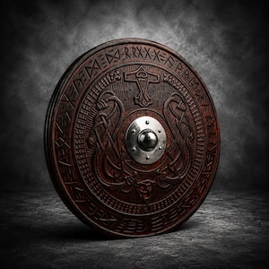 May include: A circular wooden shield featuring intricate carvings of Norse-inspired knotwork and a central metal boss. The outer rim is decorated with a band of engraved runic characters, while a stylized hammer symbol sits at the top center.