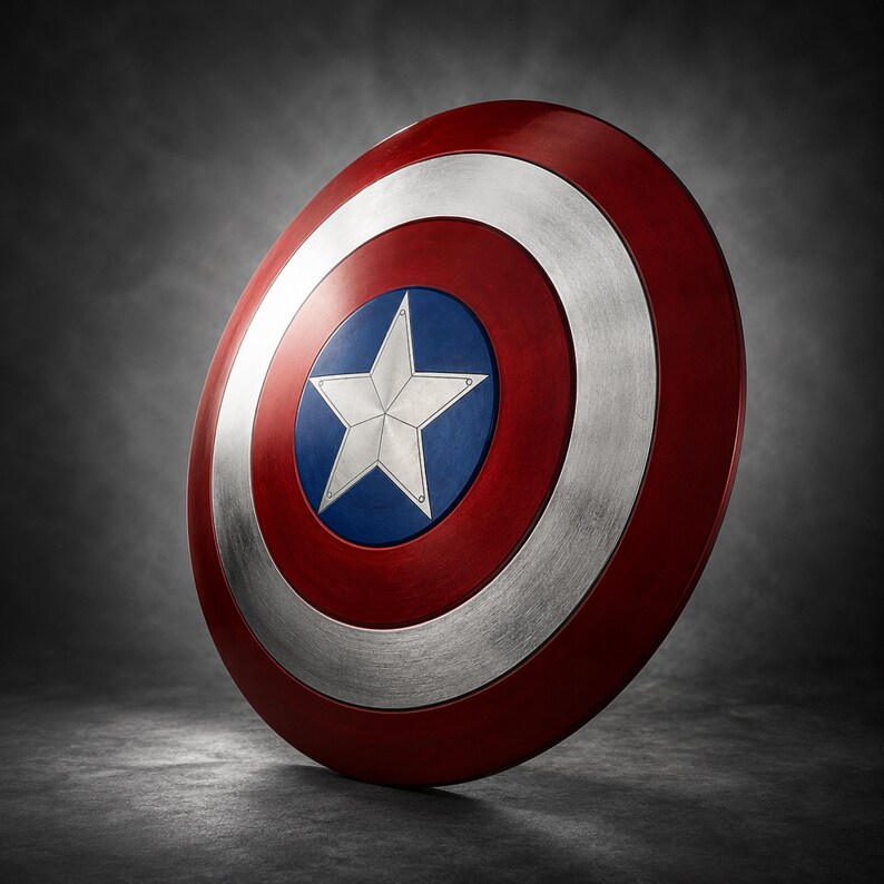 May include: A circular shield featuring a concentric design with a deep red outer ring, a metallic silver middle ring, and a central blue circle containing a prominent five-pointed silver star. The surface has a brushed metallic texture.
