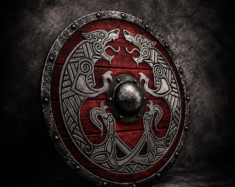 Red Viking Shield with Norse Wolf Design | Medieval LARP Warrior Armor Wood Decor