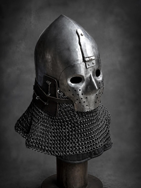Bascinet Gunzenhausen Buhurt Helmet | Hardened Steel Medieval Combat Helmet with Riveted Chainmail Aventail | HMB IMCF SCA Full Armor