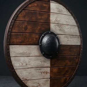 May include: A circular wooden shield featuring a quartered design with alternating dark brown and light cream-colored planks. The shield has a dark brown leather-wrapped rim with visible stitching and a central black hammered metal boss.