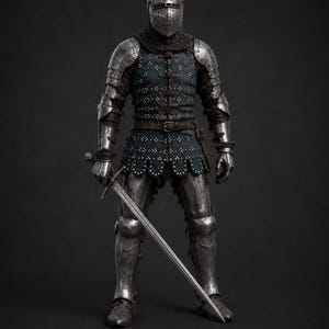 Puede incluir: Una armadura medieval completa, que incluye un casco, una placa para el pecho y protectores para las piernas. La armadura es de color plateado con una túnica azul oscuro debajo. Una espada larga se sostiene en la mano derecha. El fondo es gris oscuro sólido.