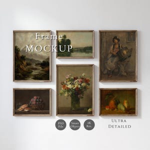 May include: A collection of six framed wall art prints featuring classical oil paintings of landscapes, a portrait, and still lifes with flowers and fruit. The text "Frame MOCKUP" and "Ultra DETAILED" is visible along with "PSD File", "Smart Object", and "4K Res."