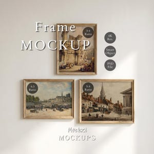 May include: Three framed vintage art prints with light wood frames are displayed against a white wall. The prints depict classic European cityscapes. The text "Frame MOCKUP" is at the top, and "Mockzi MOCKUPS" is at the bottom.