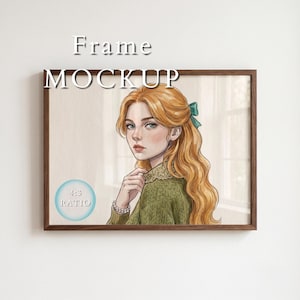 May include: A framed art print mockup featuring a portrait of a woman with long, wavy red hair and a green bow. The artwork is in a wooden frame, with the text "Frame Mockup" above and a "4:3 Ratio" badge.