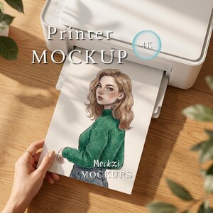 Op de afbeelding: Een witte desktop-printer die een vel papier uitwerpt met een digitale illustratie van een persoon met golvend bruin haar in een groene gebreide trui. De tekst Printer MOCKUP, 4K, Mockzi en MOCKUPS is zichtbaar op de afbeelding.
