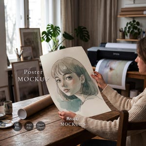 May include: A poster mockup featuring a watercolor-style illustration of a person with short hair on a cream-colored sheet. The text "Poster MOCKUP" is printed on the left, with "4K Res.", "PSD File", and "Smart Object" icons below.
