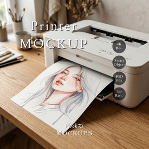 May include: A white printer mockup on a wooden desk. The printer is printing a watercolor portrait of a woman with gray hair. Text on the image includes "Printer MOCKUP", "4K Res.", "Smart Object", "PSD File", "3:4 Ratio", and "Mockzi MOCKUPS".