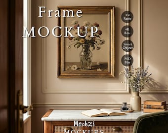 Vintage Antique Gold Frame Mockup, 3:4 Ratio Classic Interior (Digital Download)