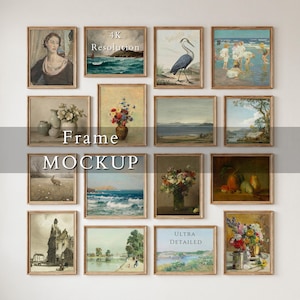 May include: A gallery wall mockup featuring fifteen assorted rectangular frames with light wood finishes, displaying various classical paintings of landscapes, still life floral arrangements, wildlife, and portraits, with text overlays reading 4K RESOLUTION, Frame MOCKUP, and ULTRA DETAILED.