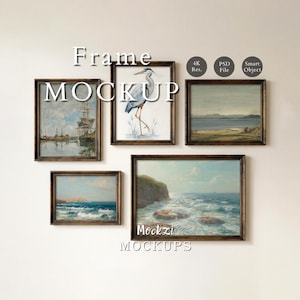 May include: A collection of five framed art prints with dark brown wooden frames. The art includes a painting of a ship, a heron, and coastal landscapes. The text "Frame Mockup" and "Mockzi Mockups" are visible.