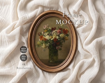 Oval Vintage Frame Mockup | Antique Gold Wood, Linen Background (PSD File)