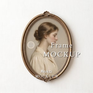 May include: An oval-shaped antique gold frame featuring ornate detailing at the top and bottom. Inside the frame is a portrait of a person with brown hair in a bun, wearing a light-colored collared shirt. The text "3:4 RATIO", "Frame MOCKUP", and "Mockzi MOCKUPS" is visible.