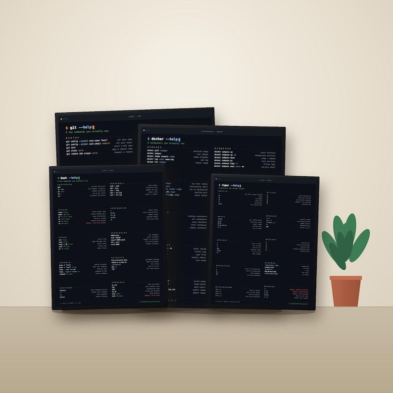 PDF-affischpaket för utvecklare, fusklappsblad för Git Bash Regex Docker bild 4