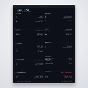 Regex Cheat Sheet Poster, Regular Expression Reference, Matte Developer Print