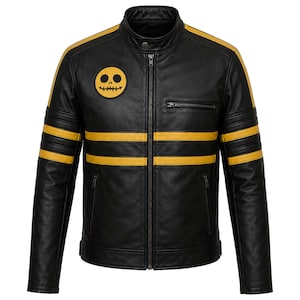 May include: A black leather jacket featuring two horizontal yellow stripes across the chest and sleeves, a stand-up collar with a snap button, a central zipper, and a circular yellow patch on the upper right chest with a black stitched face design.