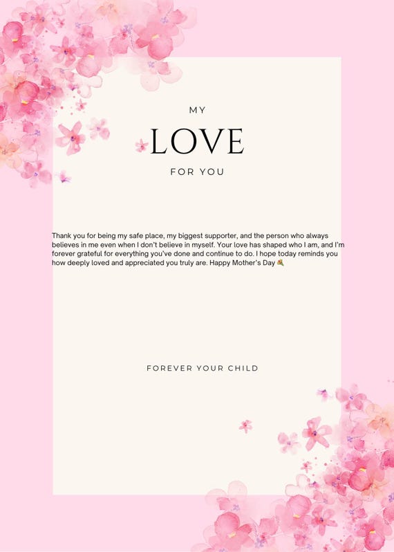 Printable Mother's Day Card, Soft Pink Love Theme (Digital Download)