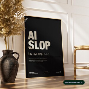 Póster con la definición de "desorden de IA" en blanco y negro con un divertido estilo tipográfico de oficina para trabajadores del sector tecnológico (descarga digital).