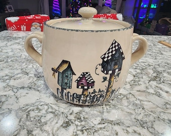 Home and Garden Party Stoneware Birdhouse Handled Canister 2005 USA