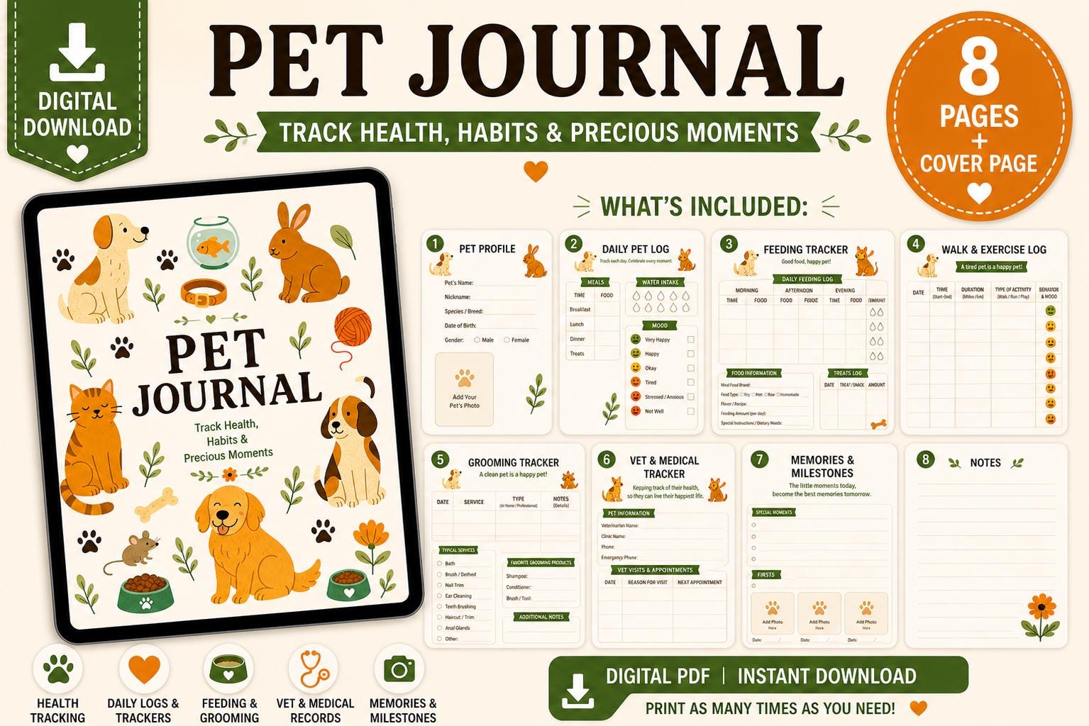 Pet Journal Example Pet Journal Printable PDF, Dog & Cat Planner, Pet Care Tracker, Daily ...