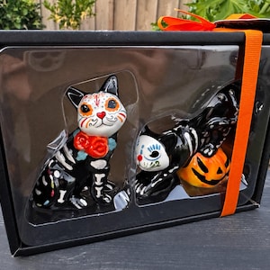May include: A black box containing two ceramic cat figurines with painted skeleton designs. One cat sits upright with red roses, while the other crouches beside a small orange jack-o'-lantern. The set is secured with a bright orange ribbon.