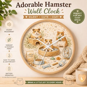 Relógio de parede Hamster de 25 cm, Relógio de animal fofo, Relógio silencioso para quarto de bebê, Decoração aconchegante para quarto infantil, Presente para amantes de hamsters, Relógio para quarto de crianças, Decoração para pequenos animais de estimação