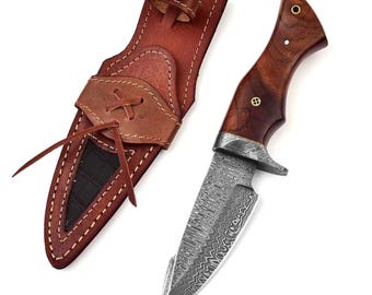 Handmade Damascus Hunting Knife, Torsion Steel Blade, Leather Sheath, Outdoor Camping Tool