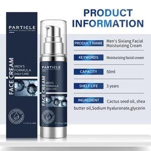 May include: A dark blue and silver facial moisturising cream bottle with a pump dispenser, next to a dark blue box. The text on the bottle and box reads "Particle Men's Formula Daily Care Face Cream". Product information is displayed.