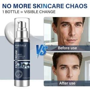 May include: A silver and navy blue Particle face cream bottle with a pump dispenser. The bottle is next to a "Before use" and "After use" comparison of a man's face. The text "NO MORE SKINCARE CHAOS" and "1 BOTTLE = VISIBLE CHANGE" are at the top.