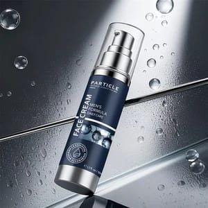 May include: A silver and navy blue Particle face cream bottle with a pump dispenser. The label reads "FACE CREAM" and "MEN'S FORMULA DAILY CARE". The bottle contains 50 ml of product.