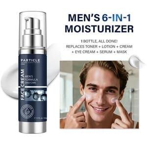 May include: A dark blue and silver bottle of Particle Men's Formula Daily Care Face Cream. The bottle is next to a man applying the cream. The text on the bottle reads "Men's 6-in-1 Moisturiser".