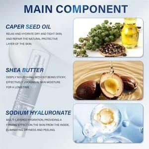 May include: An advertisement for a skincare product, showing a silver pump bottle alongside images of caper seed oil, shea butter, and sodium hyaluronate. Text details the benefits of each ingredient, such as hydration and skin repair.