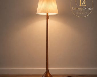 Solid Oak Mid Century Floor Lamp, Teardrop Base, Linen Shades, 3-Color LED