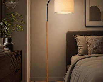 66 Inch Wood Arc Floor Lamp: Mid-Century Modern Standing Light with Adjustable Shade